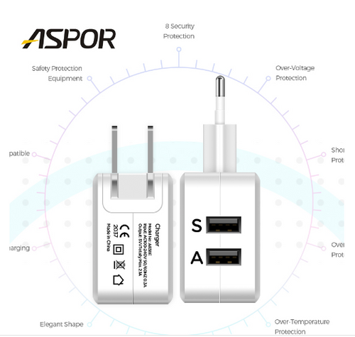 Aspor 3.4A Power Adapter Dedicated iOS / Android Dual Port Charger 5V - A858