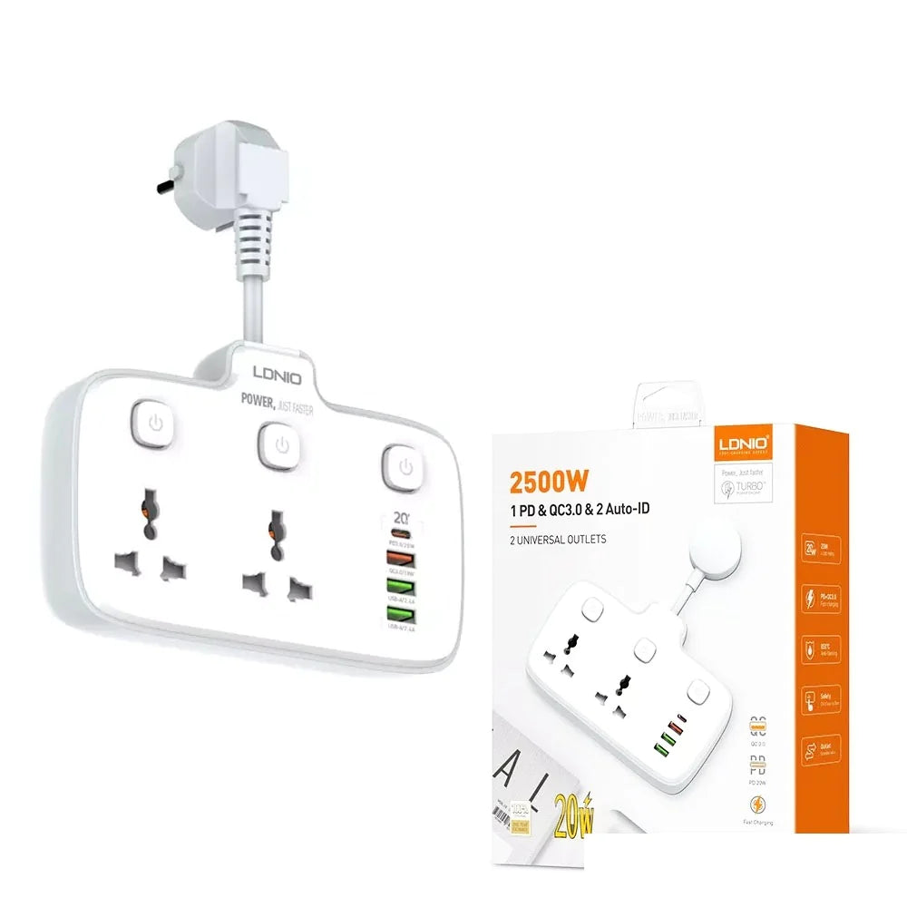 LDNIO SC2413 2-Outlet Universal Extension Socket with PD & QC 3.0 Fast Charger