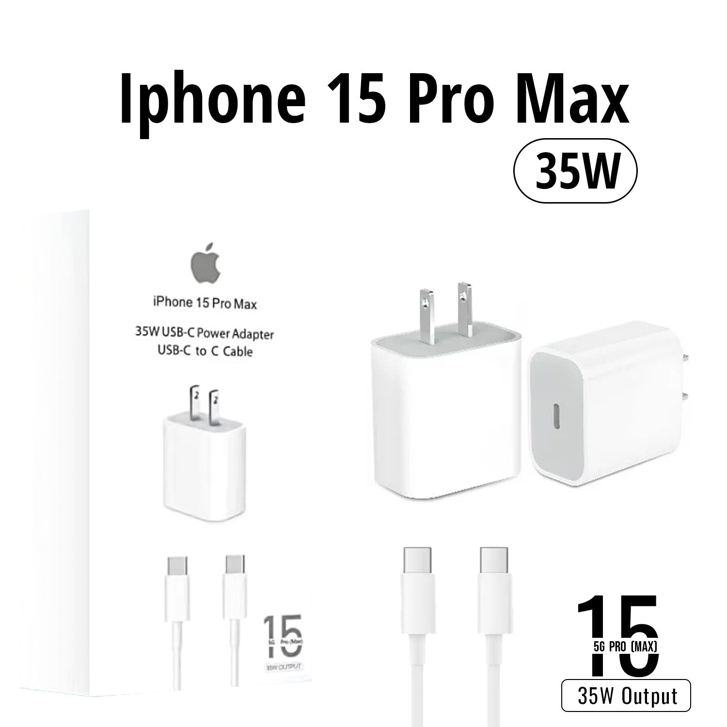 IPHONE 15 PRO MAX 2 PIN (US PIN) 35W USB-C POWER ADAPTER WITH USB-C TO C CABLE