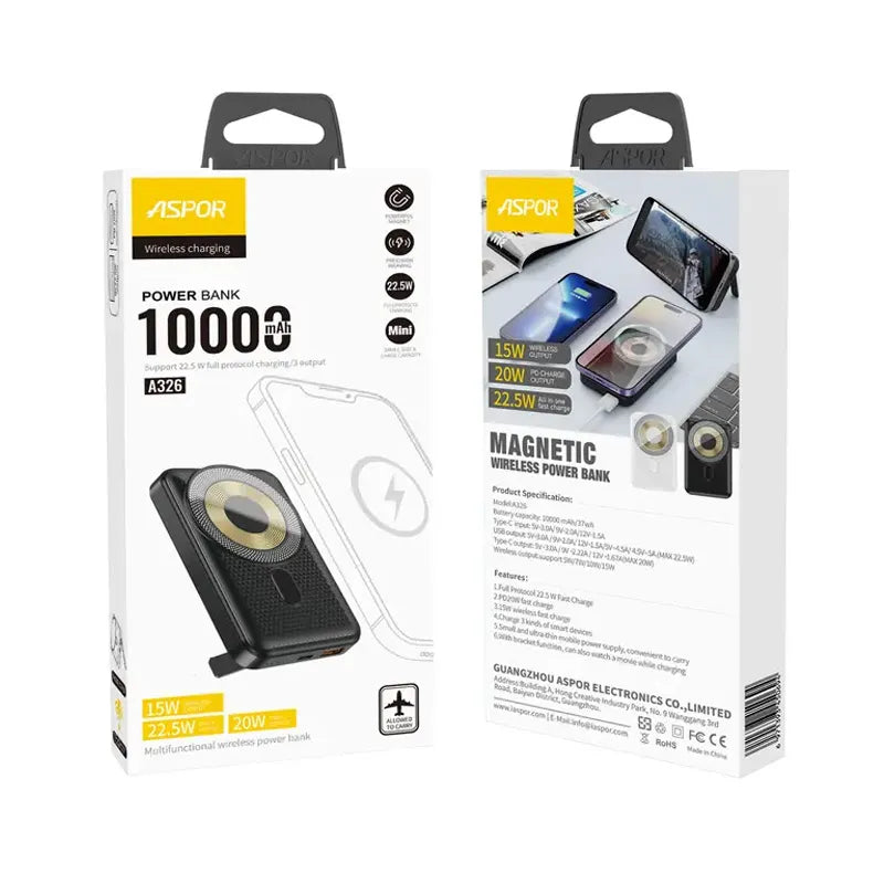 Aspor A326 22.5W High Power Original Capacity 10000mAh Wireless Fast Charging Power Bank