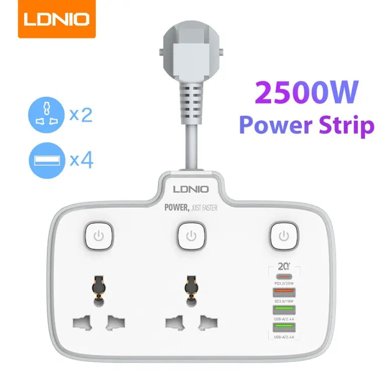 LDNIO SC2413 2-Outlet Universal Extension Socket with PD & QC 3.0 Fast Charger