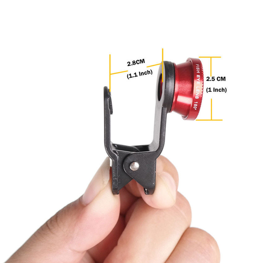 3in1 Red Fisheye Wide Angle Macro Camera Clip-on Lens For Mobile Phone Tablet