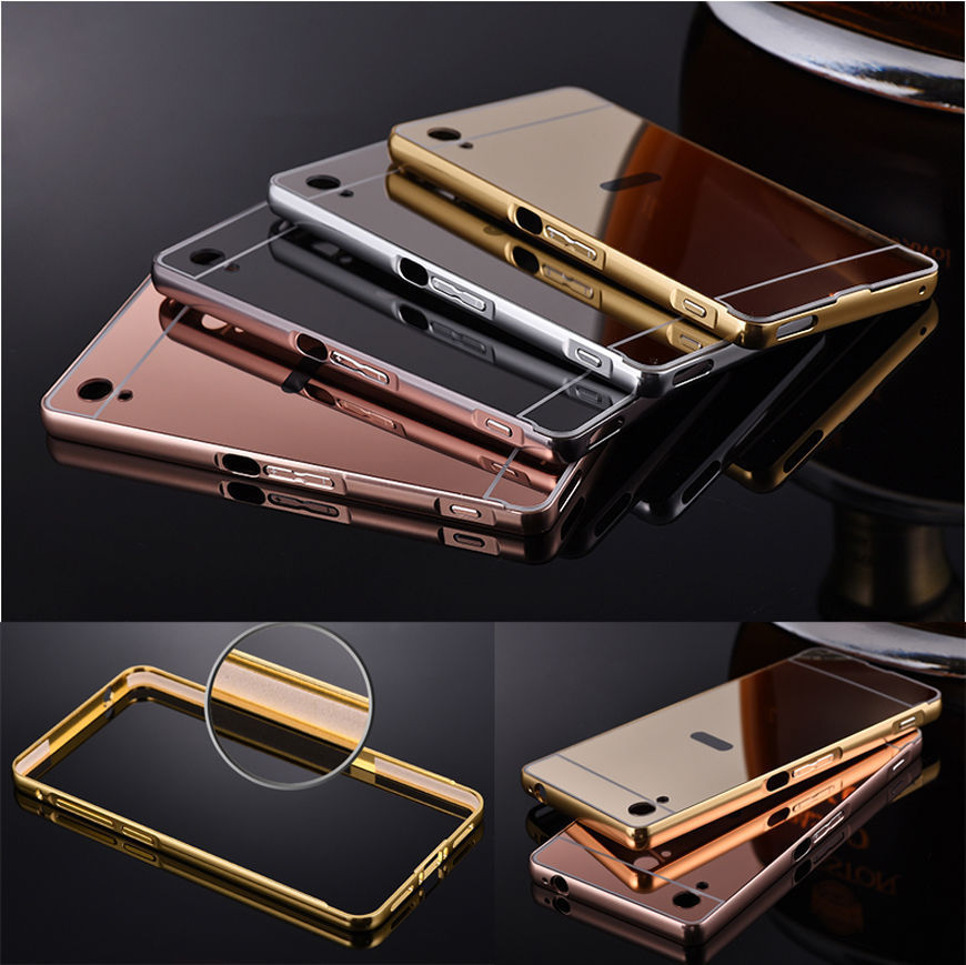 Luxury Mirror Back Cover + Metal Aluminum Frame Case For Sony Xperia Z2