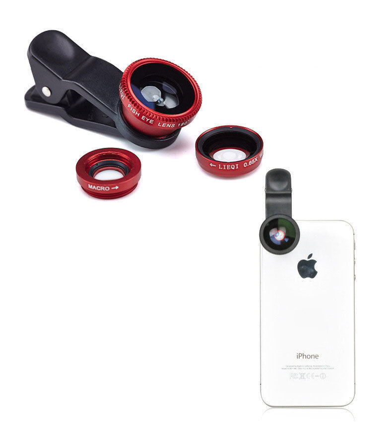 3in1 Red Fisheye Wide Angle Macro Camera Clip-on Lens For Mobile Phone Tablet