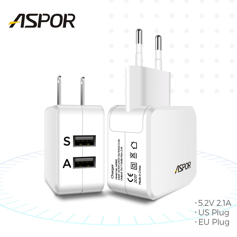 Aspor 3.4A Power Adapter Dedicated iOS / Android Dual Port Charger 5V - A858
