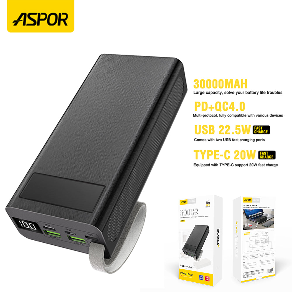 ASPOR A306 Big Capacity 30000mAh Power Bank LCD Display 22.5W And 20W PD 