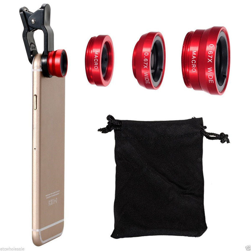 3in1 Red Fisheye Wide Angle Macro Camera Clip-on Lens For Mobile Phone Tablet
