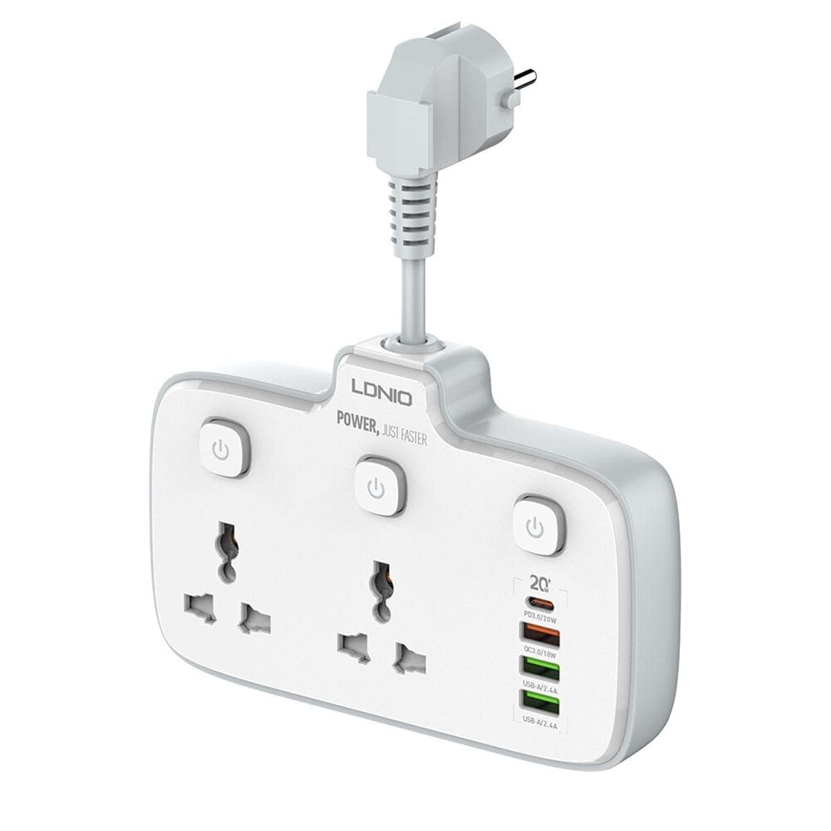LDNIO SC2413 2-Outlet Universal Extension Socket with PD & QC 3.0 Fast Charger