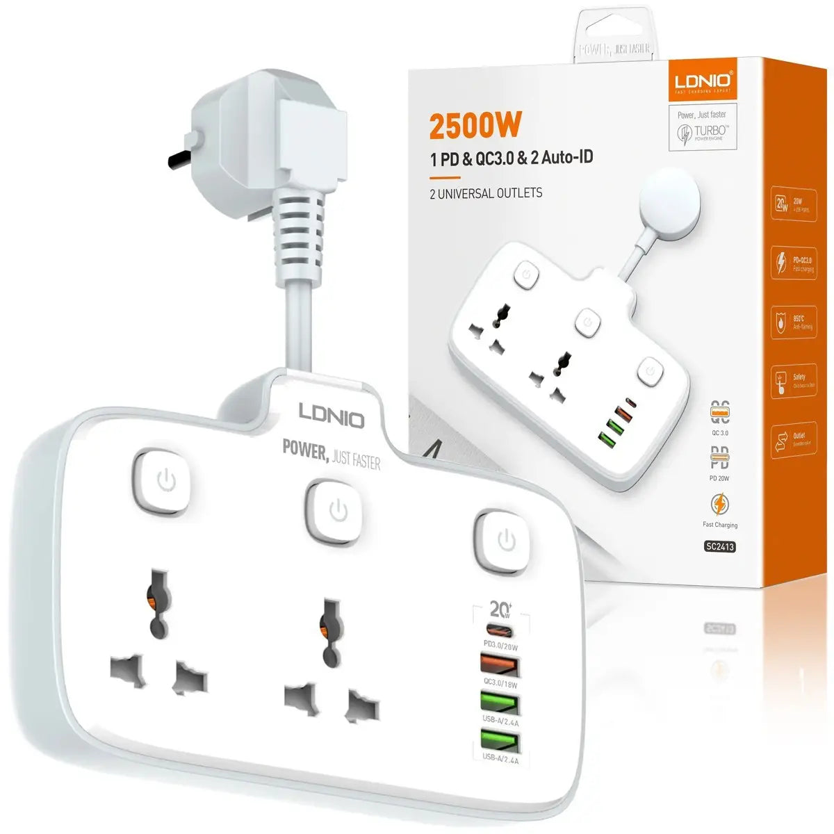 LDNIO SC2413 2-Outlet Universal Extension Socket with PD & QC 3.0 Fast Charger