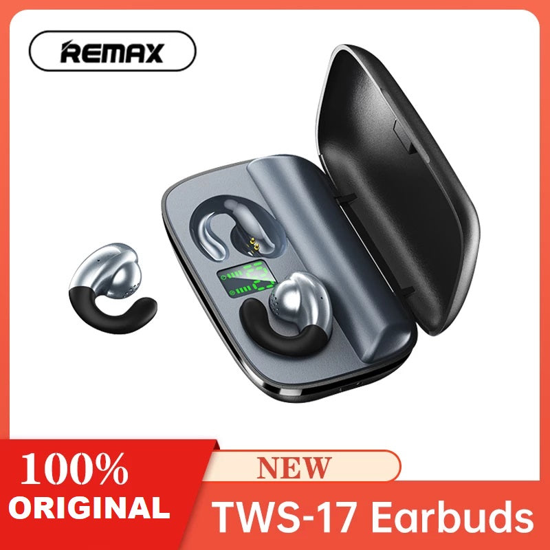 Remax TWS-17 100 Hours Long Standby Built-in 1200mAh Power Bank Function LED Display Power Silicone Ear Clip Type Non-Inductive Earbuds