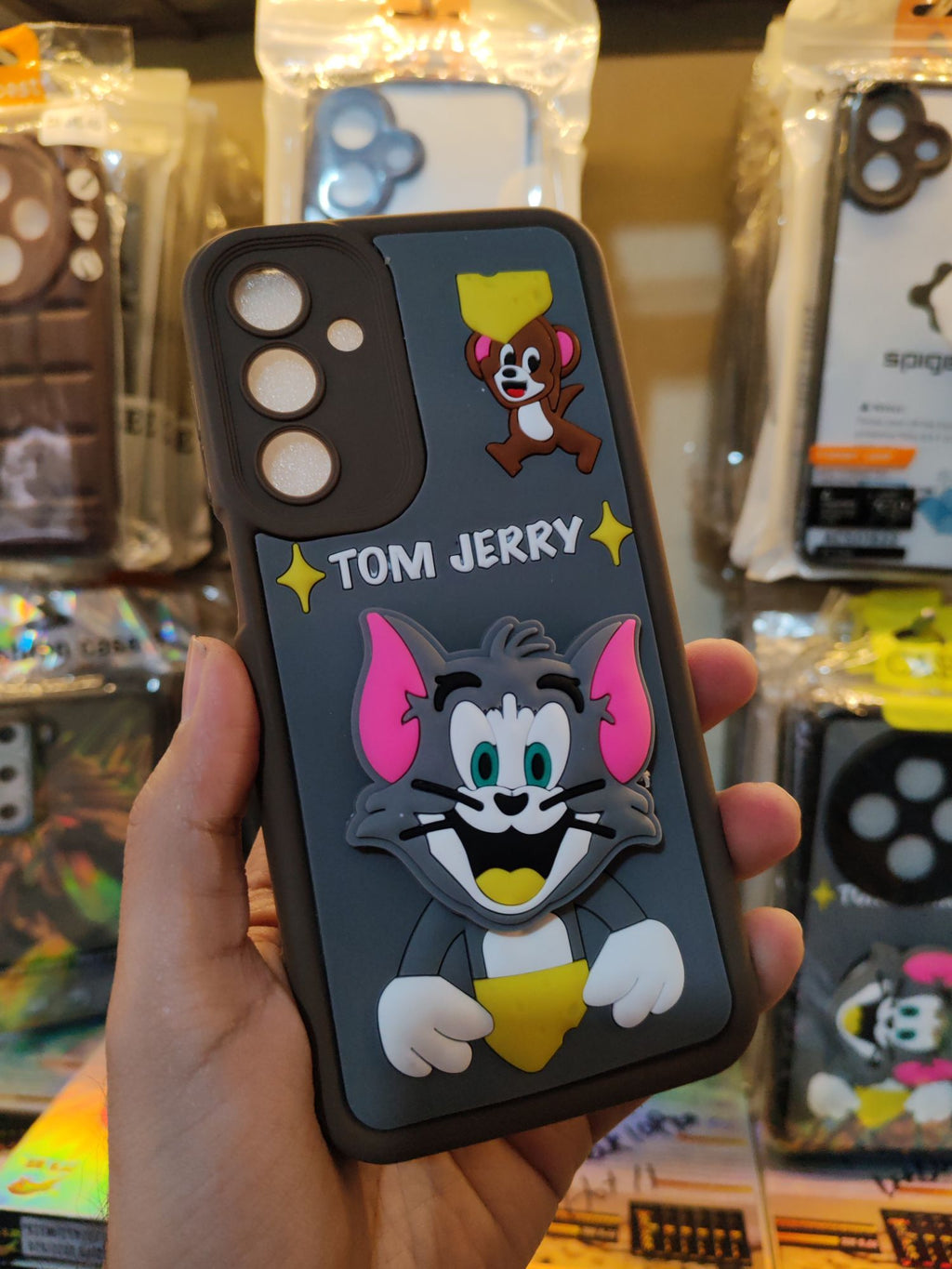 Samsung A16 Tom & Jerry 3D Cartoon Pop Socket Silicone Mobile Cover | Shockproof Soft Back Case | Cute Phone Cover