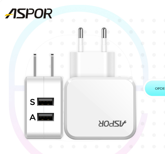 Aspor 3.4A Power Adapter Dedicated iOS / Android Dual Port Charger 5V - A858