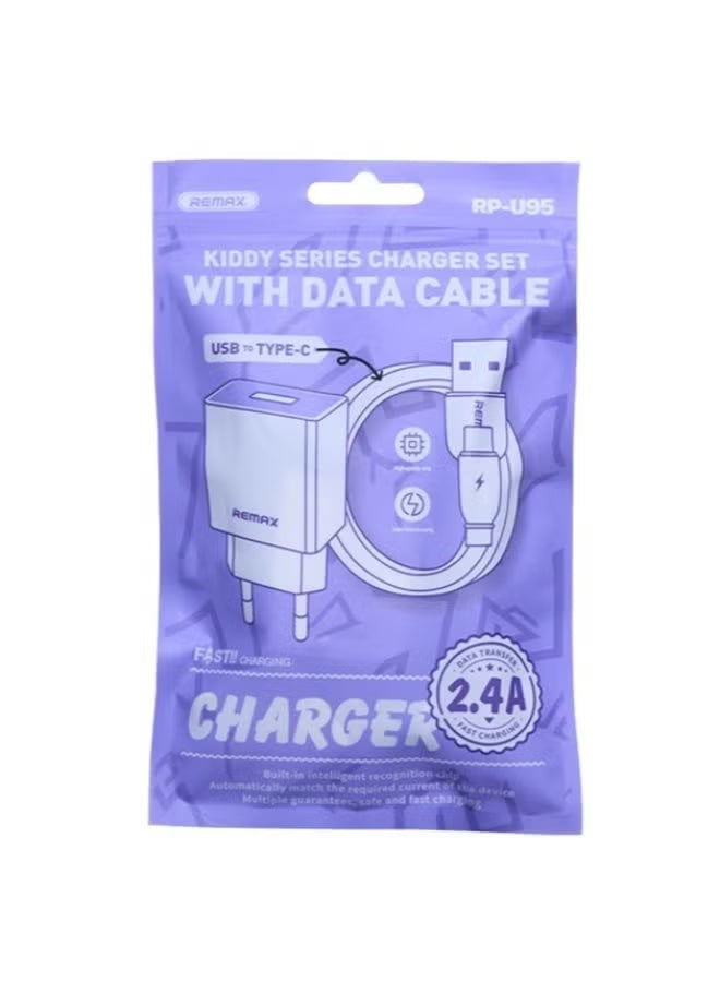 Packaged charger set with data cable on a white background