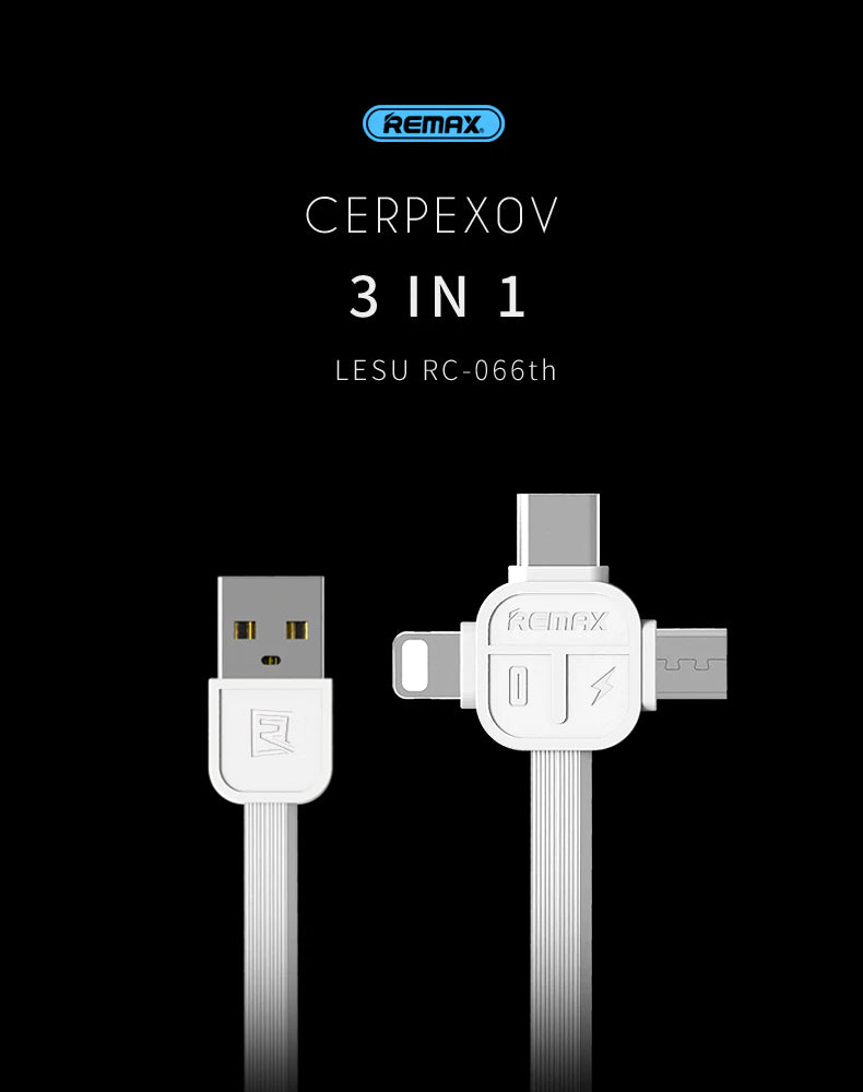 Remax Lesu 3in1 Charging & Data Cable For iPhone,Type-C Android RC-066th - White