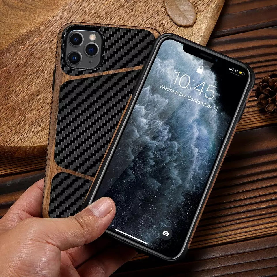  Wooden Carbon Fiber Soft Rubber Case Cover for iPhone 11 Pro Max / iPhone 11 Pro / iPhone 11