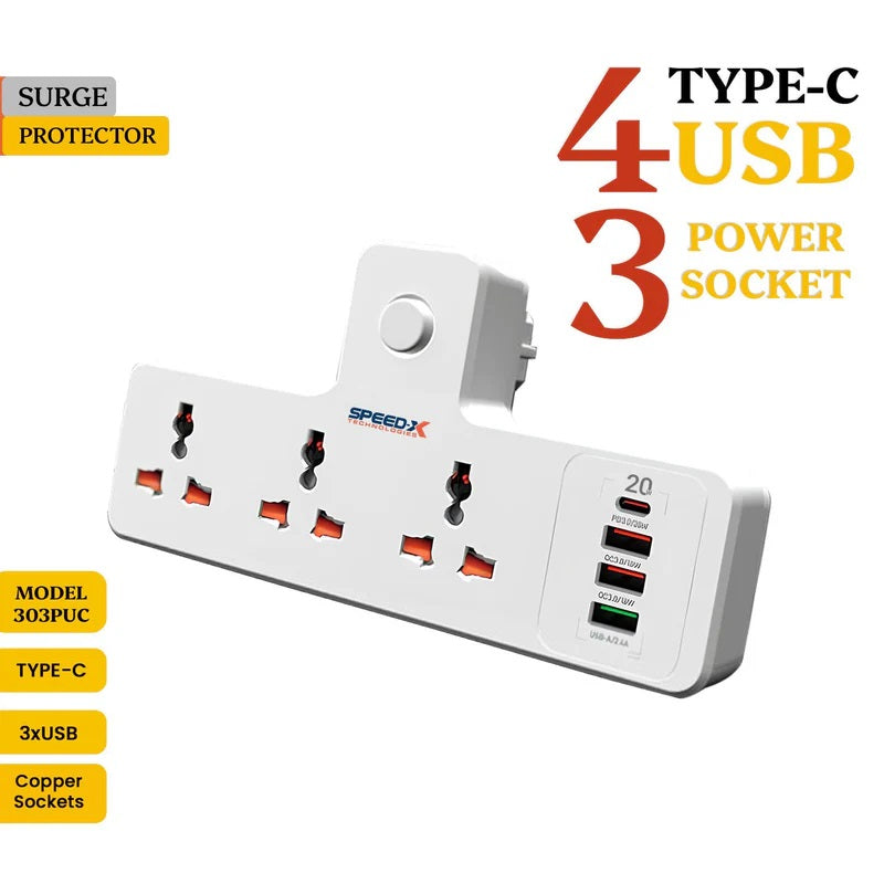 304PUC Speed-X Premium Portable Power Strip 3 Socket+3 USB+1 TYPE-C Port