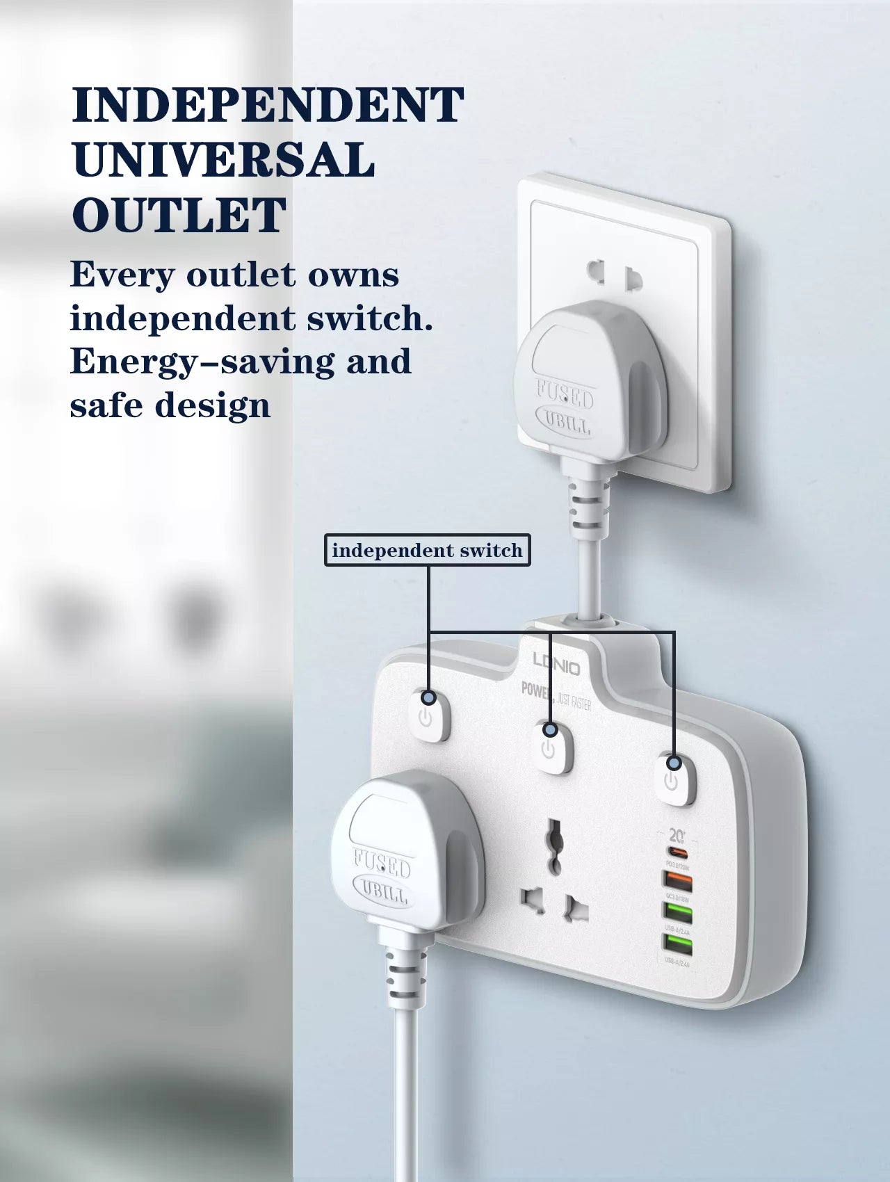 LDNIO SC2413 2-Outlet Universal Extension Socket with PD & QC 3.0 Fast Charger