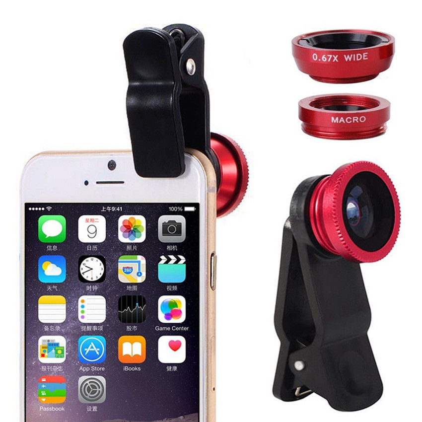 3in1 Red Fisheye Wide Angle Macro Camera Clip-on Lens For Mobile Phone Tablet