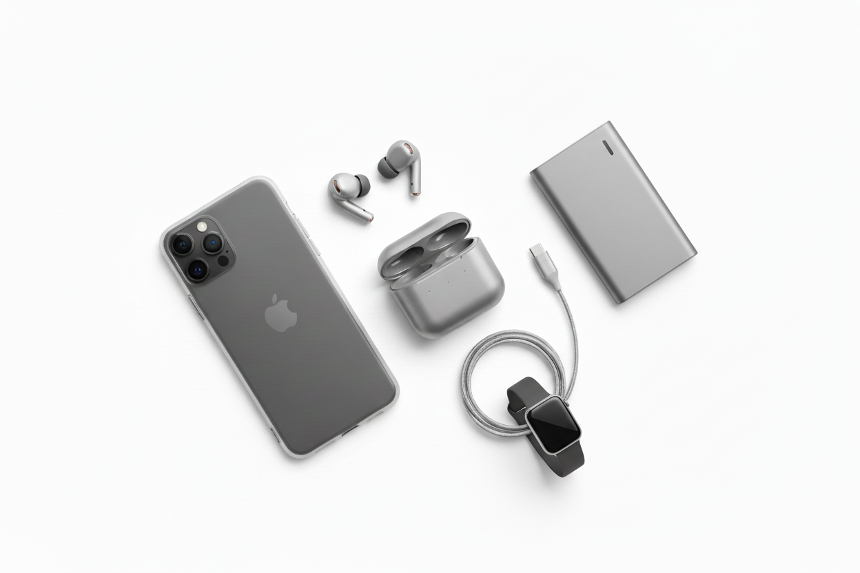 Minimalistic Mobile Accessories Banner with Power Bank and Smartwatch