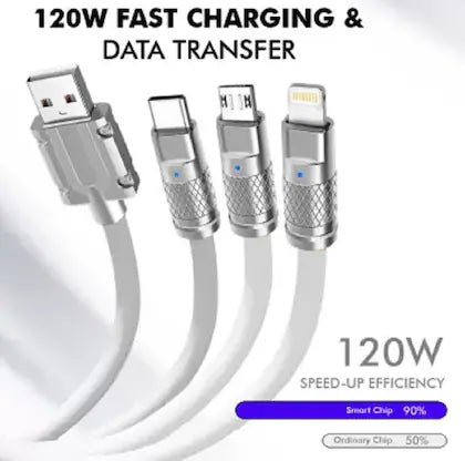 120W Super Fast Charge 3 in 1 Soft LED Indicator Charging Cable